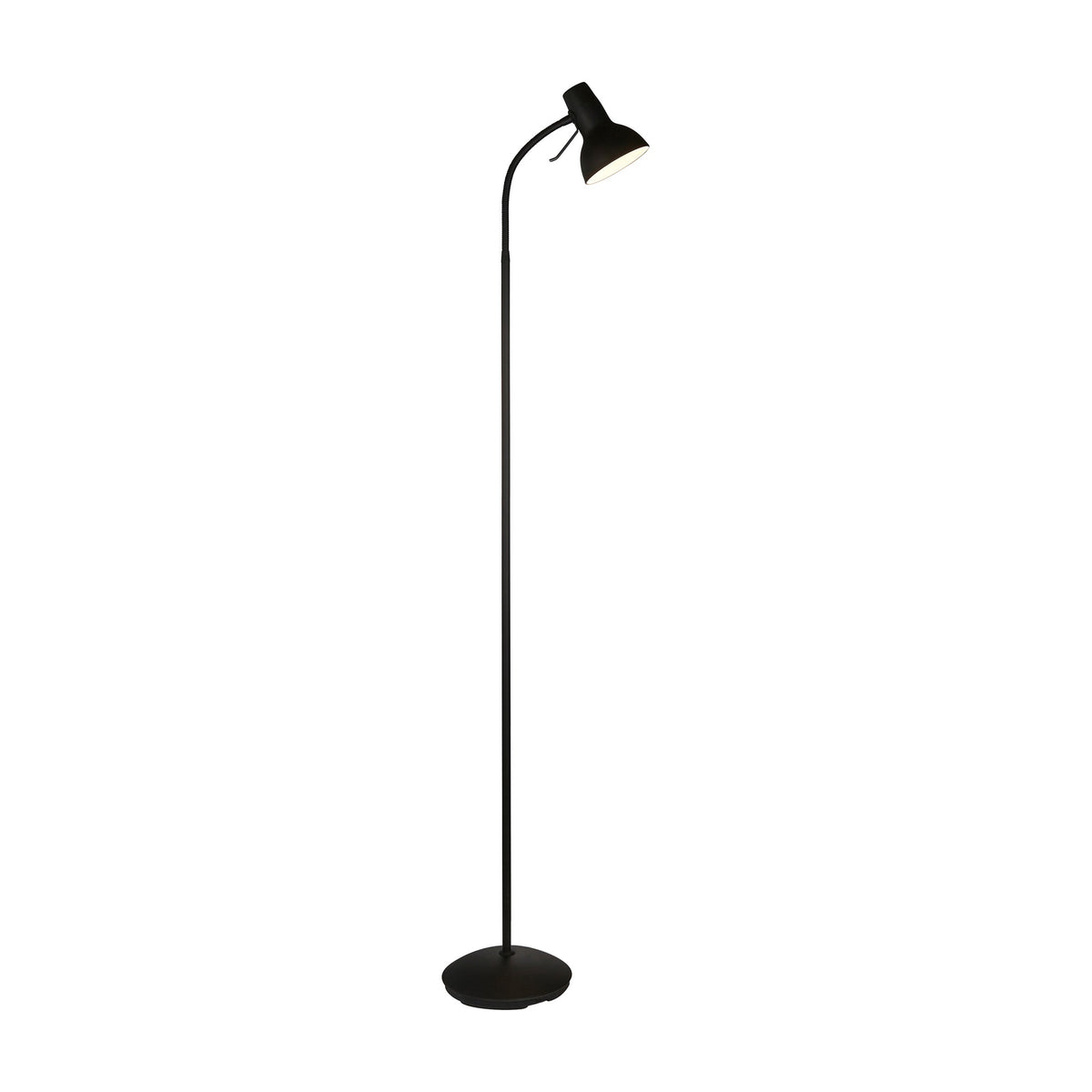 Gallery Direct Amrisse Floor Lamp in matt black steel with a slim stem, adjustable gooseneck, tapered dome shade and weighted round base.