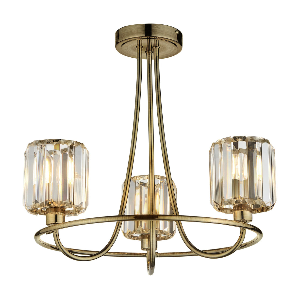 Gallery Direct Veranelle 3-light semi-flush ceiling light in antique brass with curved arms and faceted cut crystal glass shades on a white background.