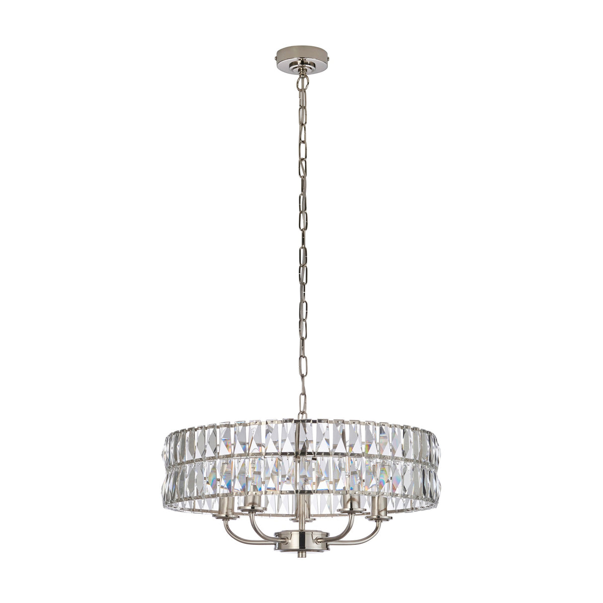 Gallery Direct Livael Crystal 5 Light Pendant with drum-shaped faceted crystal shade and bright nickel frame on a chain suspension, white background.