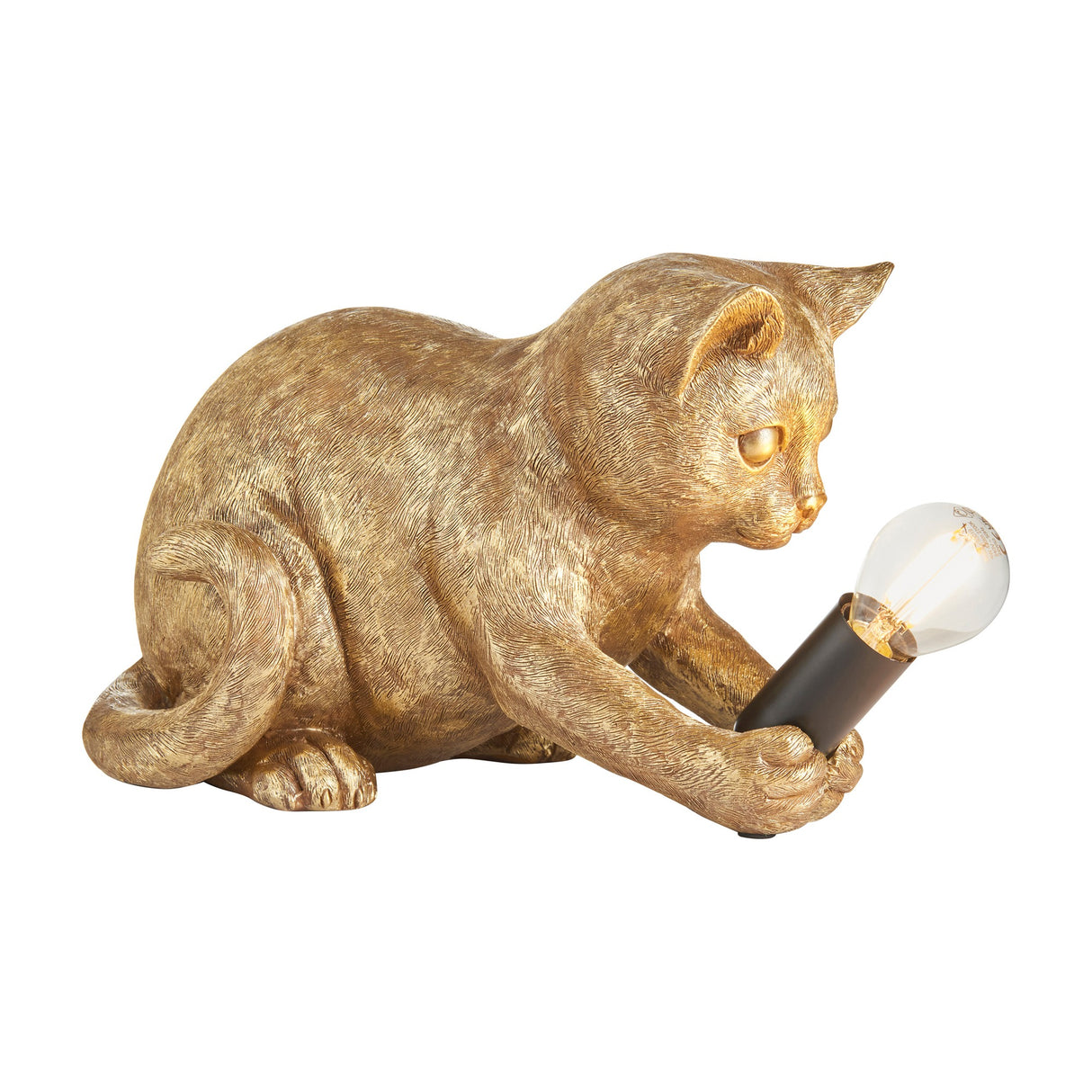Gallery Direct Kitten Table Lamp in vintage gold resin, shaped as a seated kitten cradling an exposed filament bulb in a steel holder.