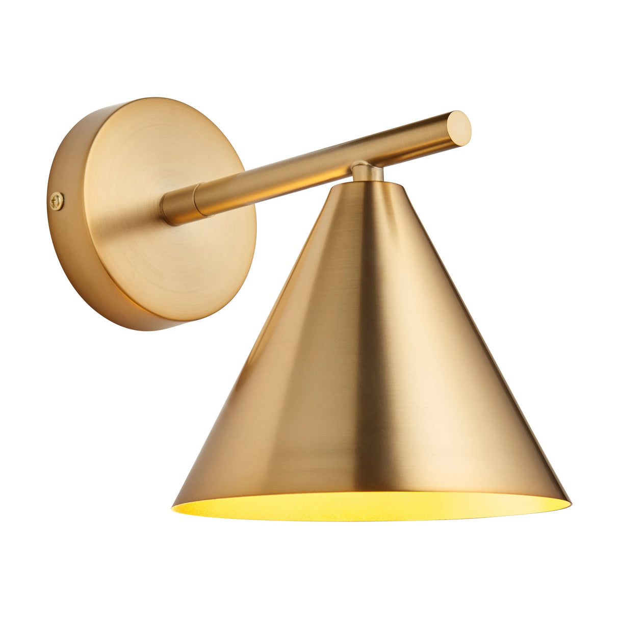 Kessora Cone Wall Light by Gallery Direct in antique brass steel, with a round wall plate, slim horizontal arm and tapered conical shade.