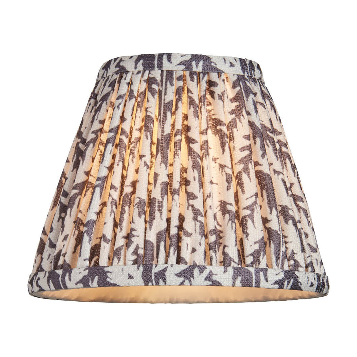 Gallery Direct Leaf Pleated Fabric Lamp Shade in Pearl Grey, empire-shaped with hand-pleated small-scale leaf print over a steel frame, on a white background.