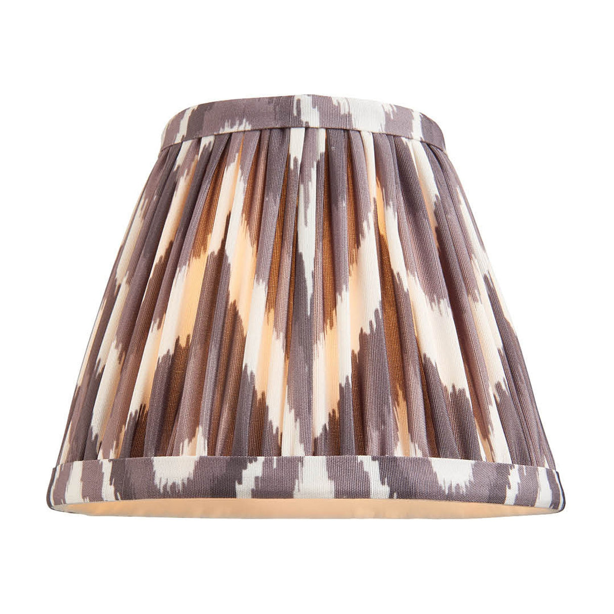 Gallery Direct Zigzag pleated empire lamp shade in Pearl Grey with a broken ikat print in grey and cream, shown illuminated on a white background.