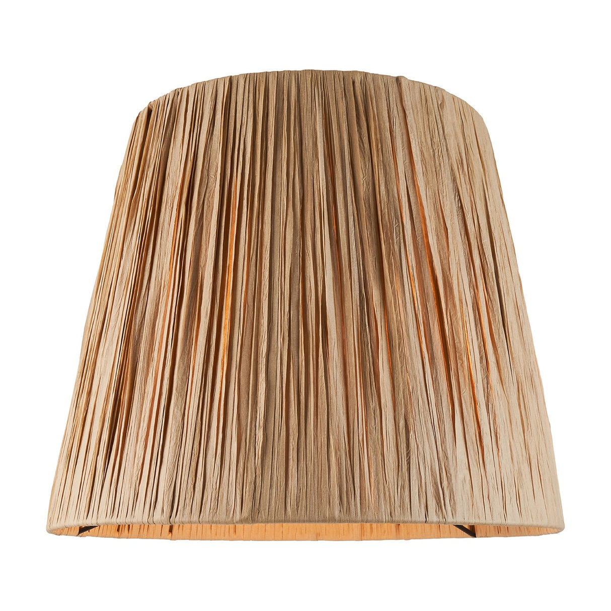 Gallery Direct Raffia Tapered Lamp Shade in natural raffia with vertically gathered pleated strands over a steel empire frame, shown on a white background.