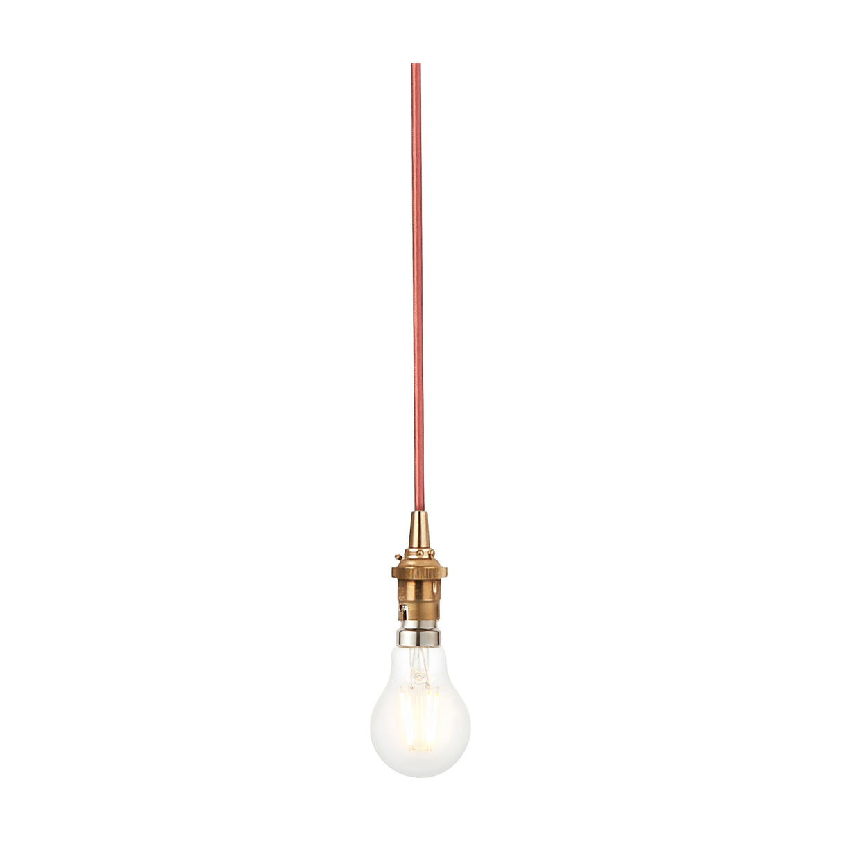 Gallery Direct Adwen Bare Bulb Pendant 1 Light with aged brass bayonet holder, red fabric flex and clear filament bulb on a white background.