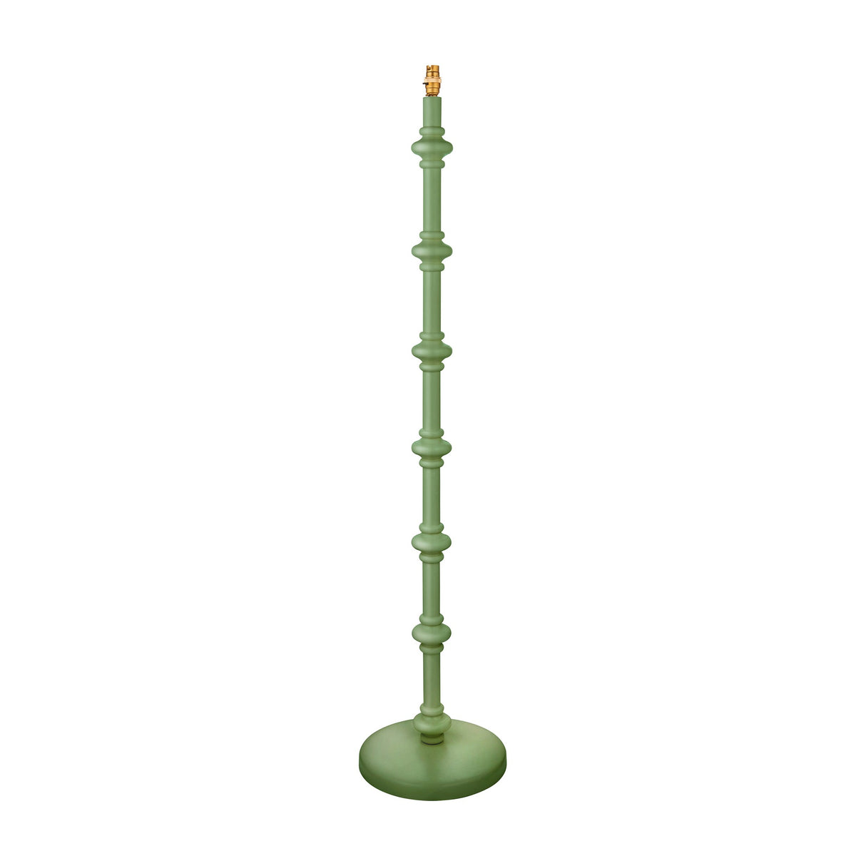 Gallery Direct Carnvenne Turned Floor Lamp Base in Cotswold Green with spindle-turned column, weighted disc base and brass bayonet holder on white.
