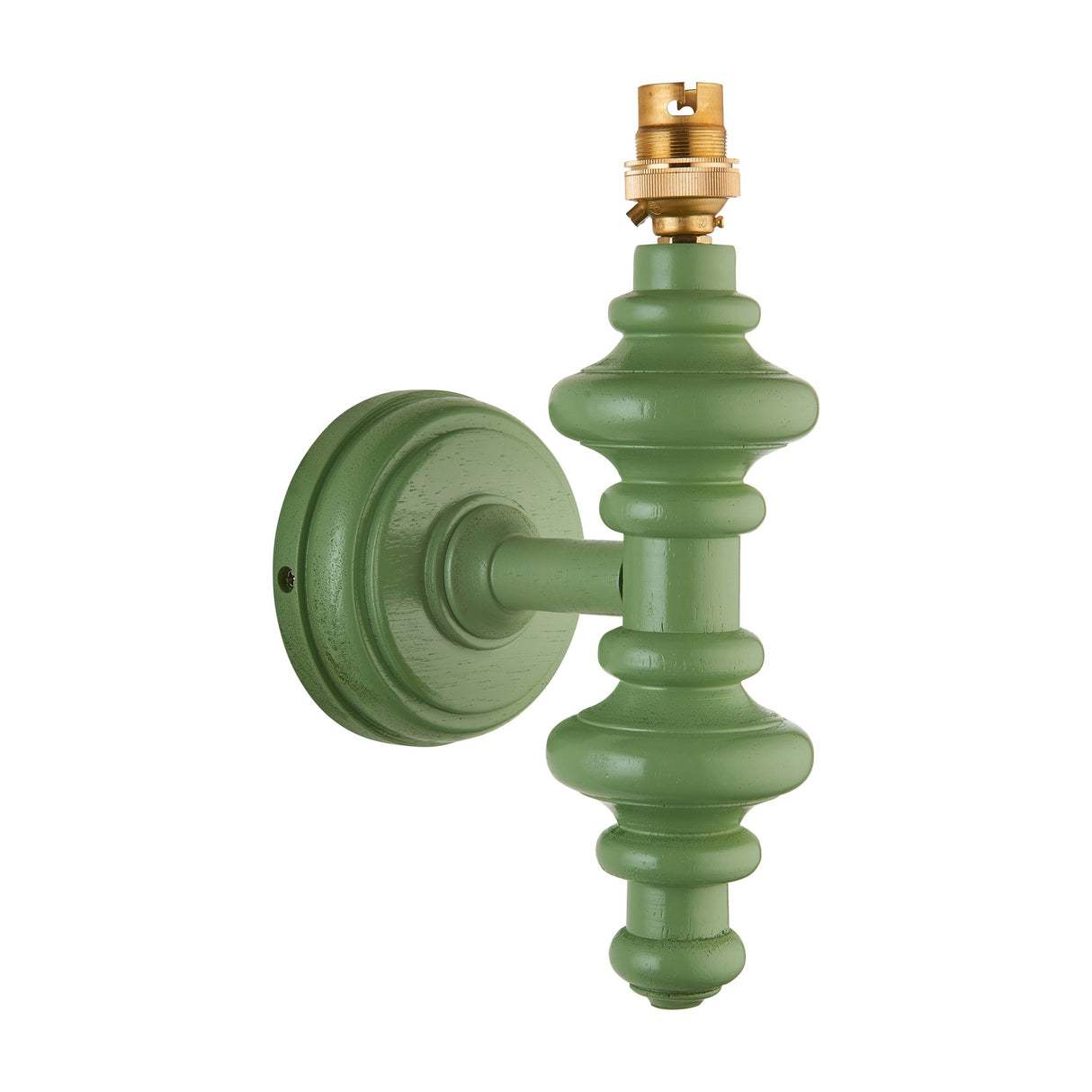 Gallery Direct Carnvenne turned wooden wall light in Cotswold Green with spindle body, round backplate and brass B22 lampholder.