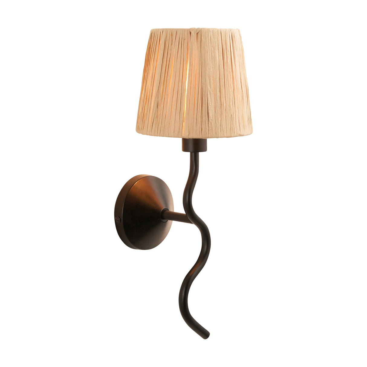 Gallery Direct Ombressa wall light with tapered hand-wrapped raffia shade on a matt black wavy steel arm and round wall plate.