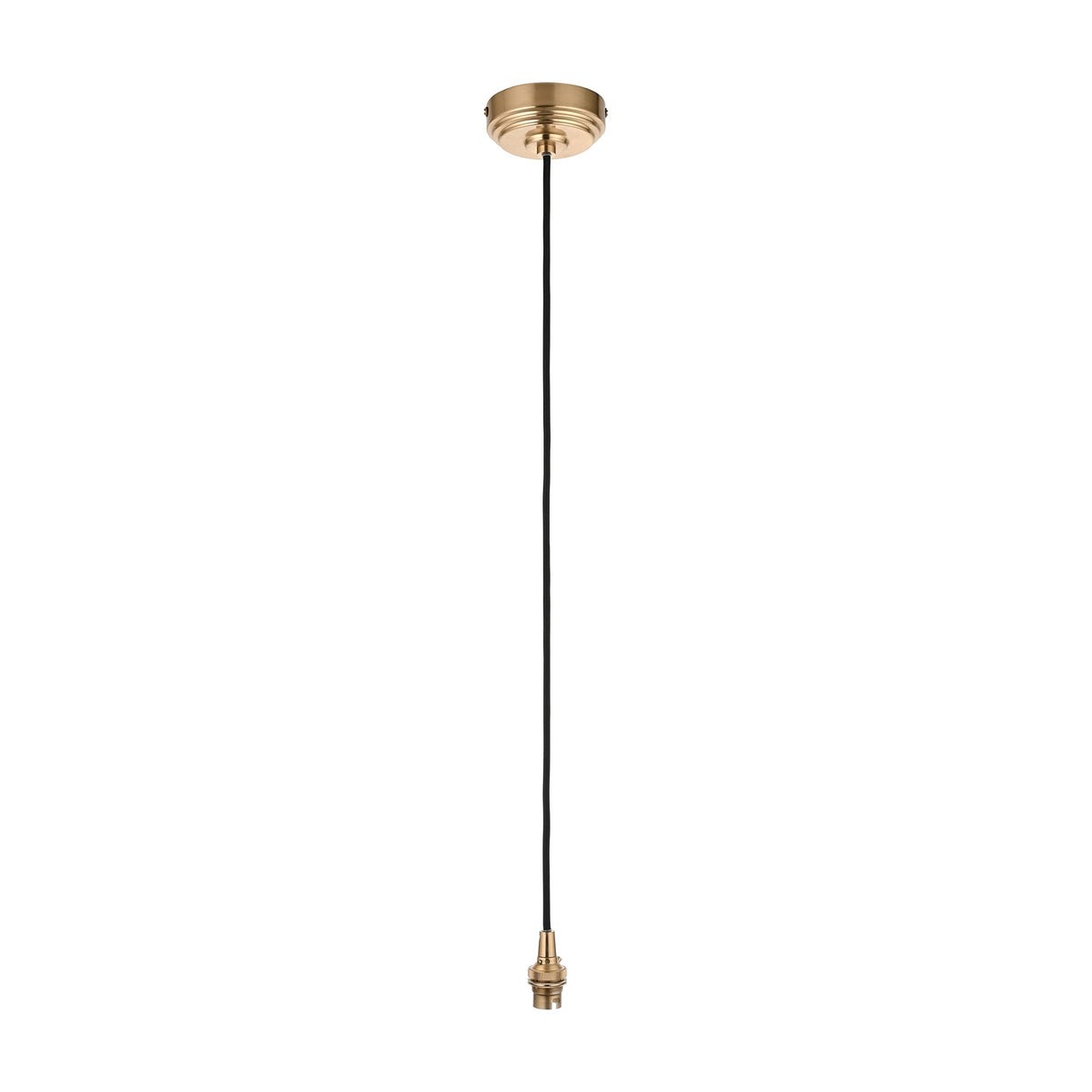 Gallery Direct Adwen Pendant Suspension with aged brass ceiling rose, black braided flex and exposed B22 bayonet lampholder on white.