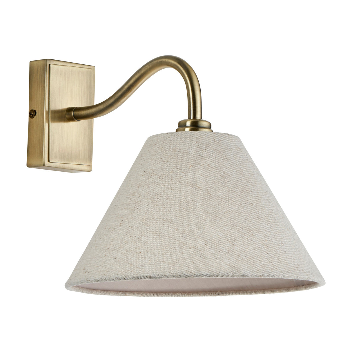 Gallery Direct Kesvora wall light with aged brass swan-neck arm, rectangular back plate and tapered natural linen shade on a white background.