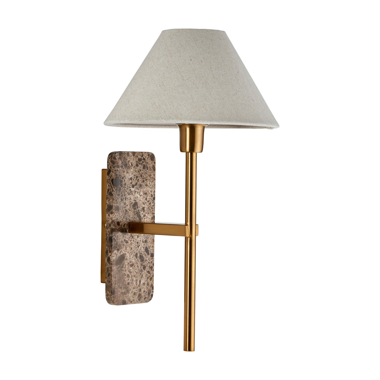 Farvenna Marble Wall Light by Gallery Direct with dark brown marble backplate, brushed brass arm and tapered linen coolie shade on white.