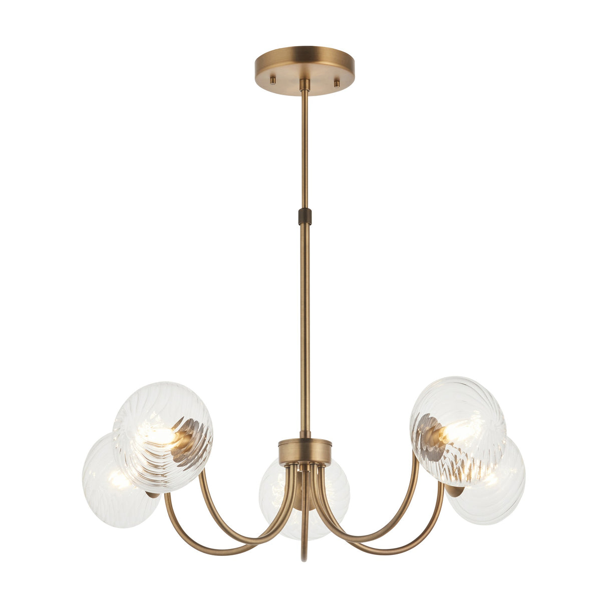 Hague 5 Light Pendant with Ribbed Glass Globes – Antique Brass