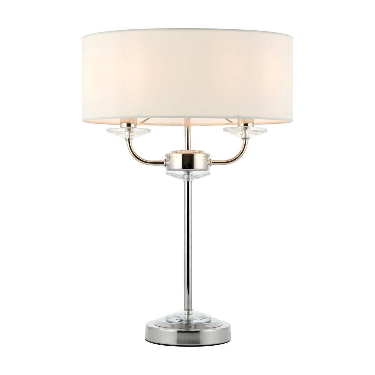 Gallery Direct Ostwyn 2 Light Table Lamp with polished nickel frame, crystal glass accents and a white fabric drum shade on a plain background.