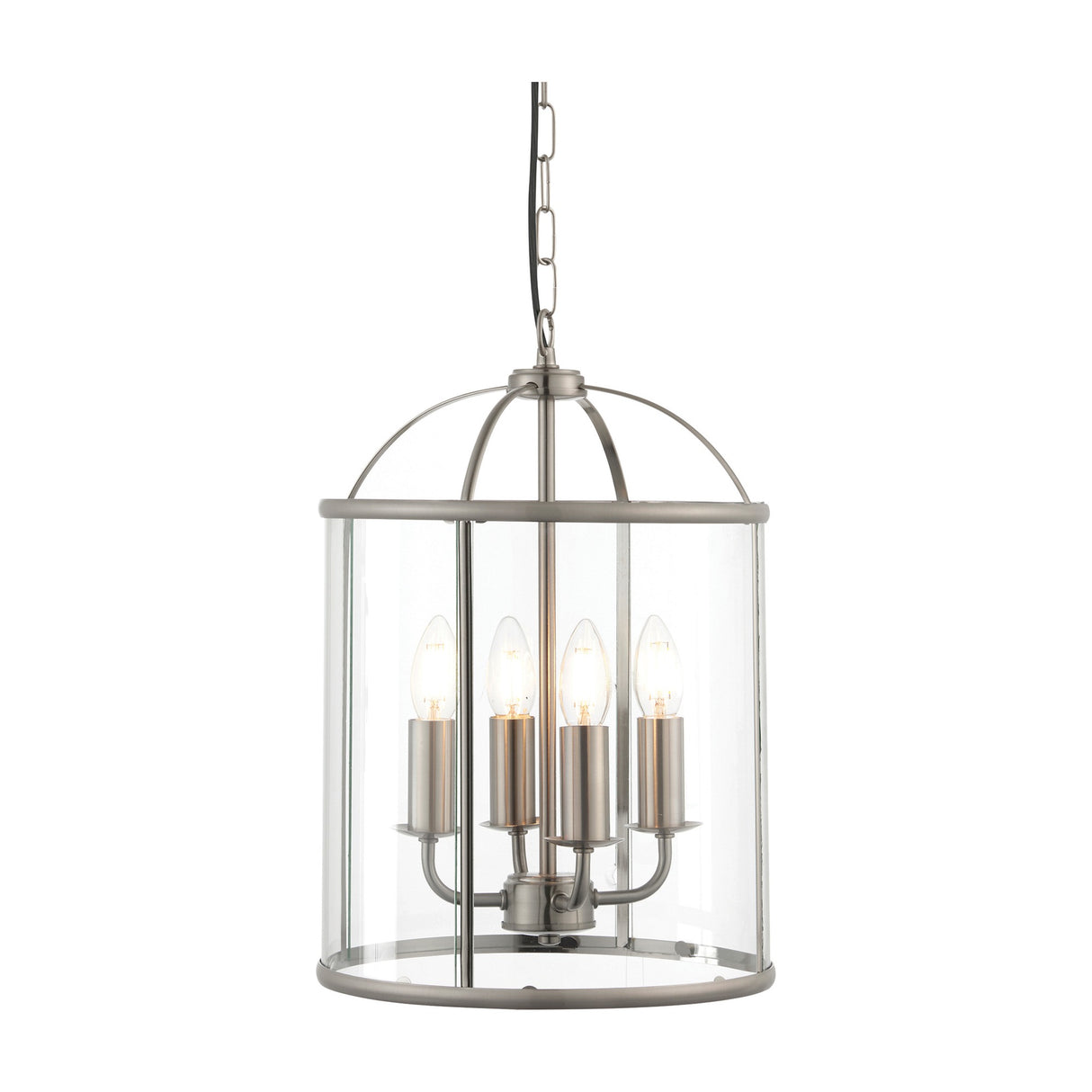 Gallery Direct Vanwenna 4 light glass lantern pendant with satin nickel domed steel frame, clear glass panels and candle bulbs on a chain suspension.