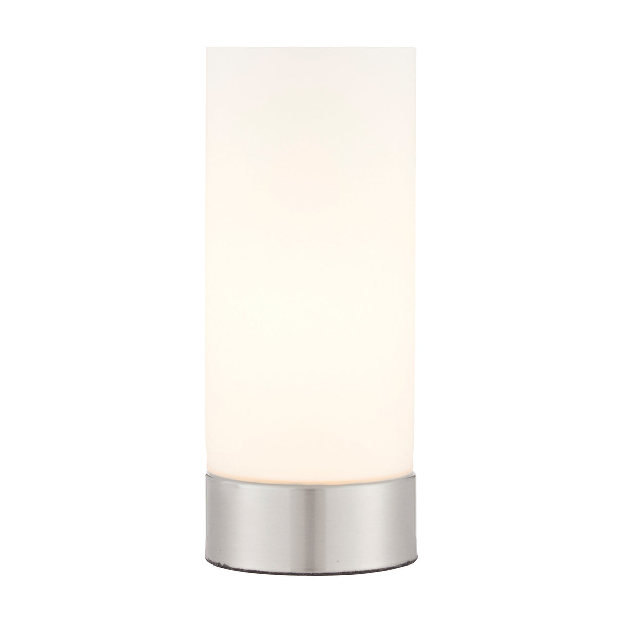 Gallery Direct Darvelle touch table lamp with cylindrical opal glass shade and brushed nickel base with USB port, on a plain white background.