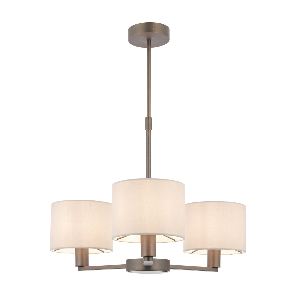 Gallery Direct Delyra 3 Light Ceiling Pendant with cylindrical cream fabric drum shades on antique bronze arms and rod mount, on a white background.