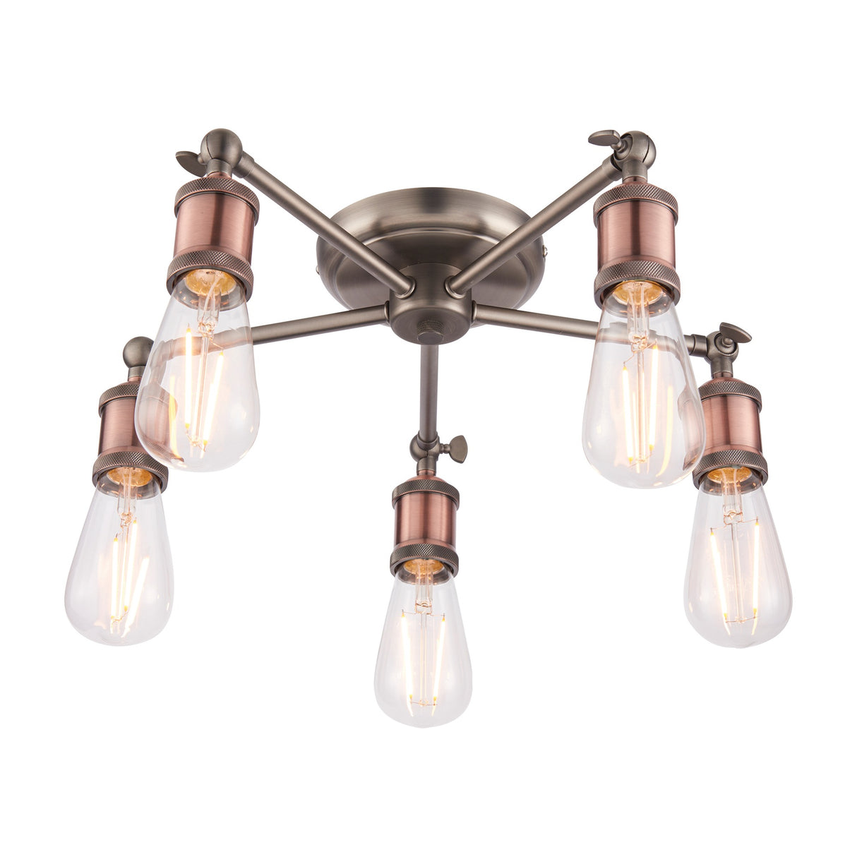 Gallery Direct Halvane Industrial 5 Light Semi-Flush Ceiling Light with aged copper holders, pewter arms and exposed filament bulbs on white.