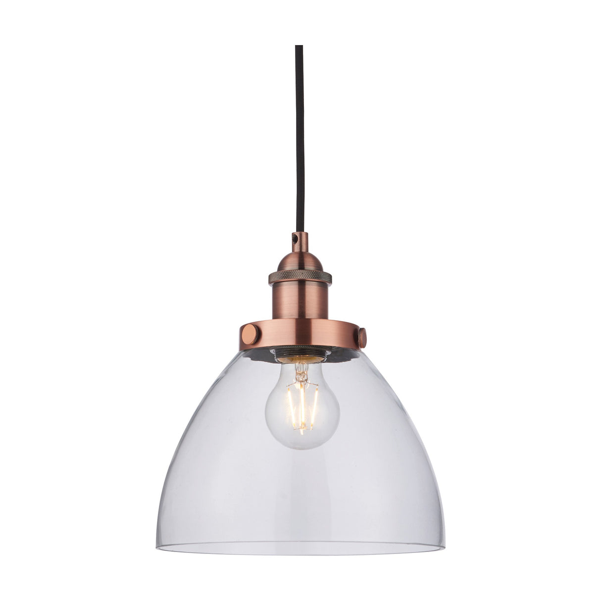 Gallery Direct Sarwen Glass Dome Pendant Light with clear glass shade, aged copper holder, exposed filament bulb and braided black flex.
