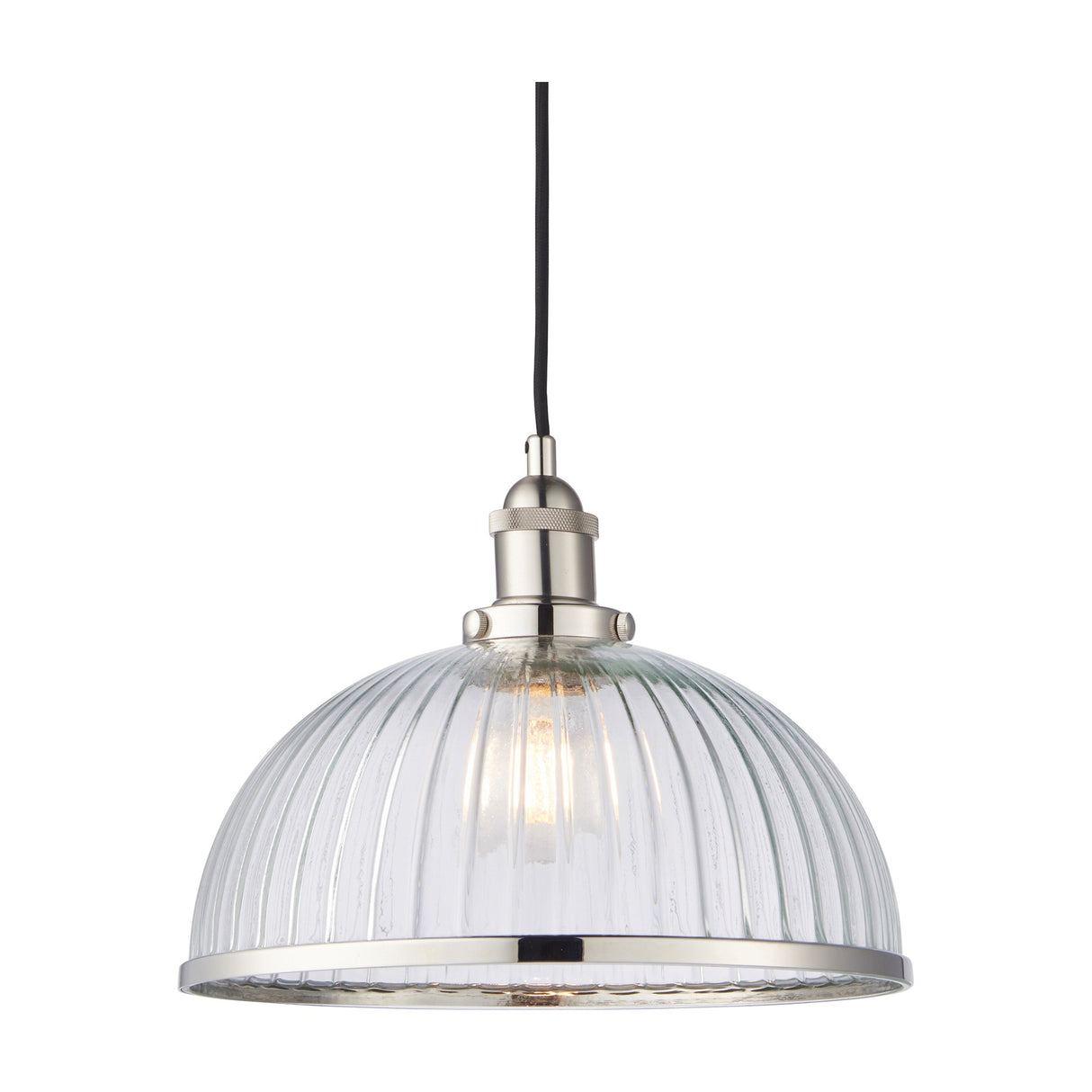 Gallery Direct Sarwen Glass Dome Pendant Light with ribbed clear glass shade, brushed nickel fitting and braided black flex on a white background.