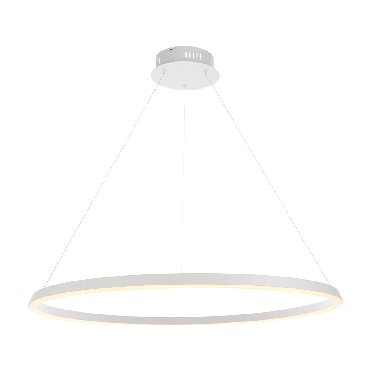 Gallery Direct Nevaine LED Ring Pendant Light in matt white, a slim 80cm illuminated ring suspended by three fine cables from a compact ceiling rose.