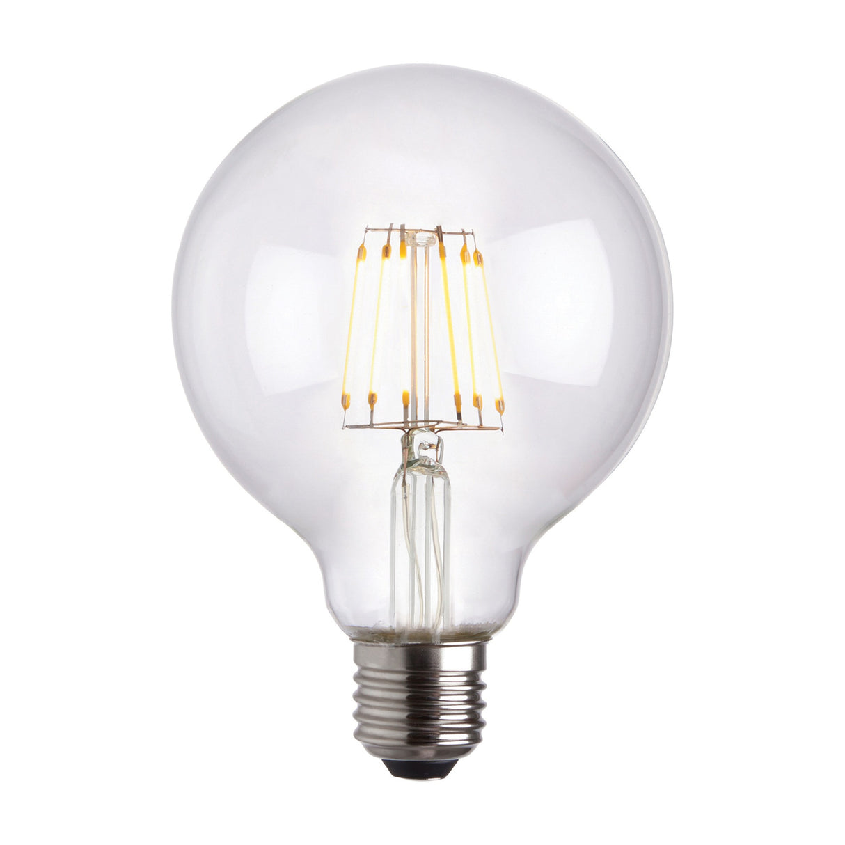 Gallery Direct E27 LED filament globe bulb 6W with clear glass envelope, vertical filaments and screw cap base, shown on a white background.