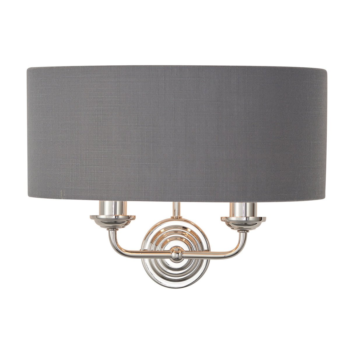 Gallery Direct Clervorne 2 Light Wall Light with a charcoal half-drum fabric shade and polished nickel twin-arm backplate on a white background.