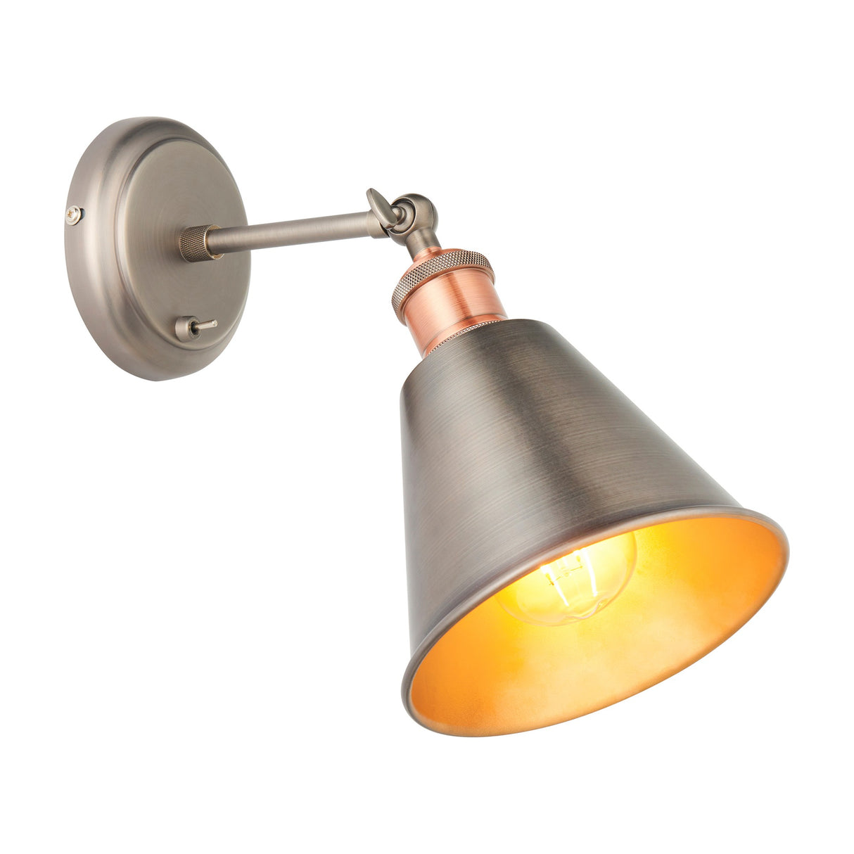 Gallery Direct Halvane industrial wall light with tapered aged pewter conical shade, copper lampholder, adjustable head and toggle switch back plate.