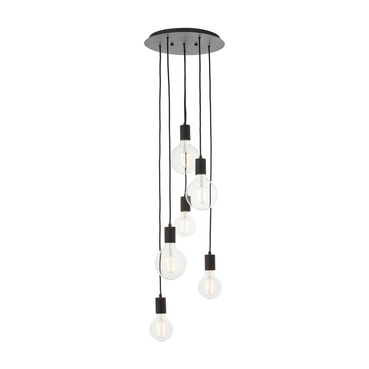 Gallery Direct Sorvessa 6 Light Cluster Pendant in matt black with staggered exposed globe bulbs on flex drops from a round ceiling plate.