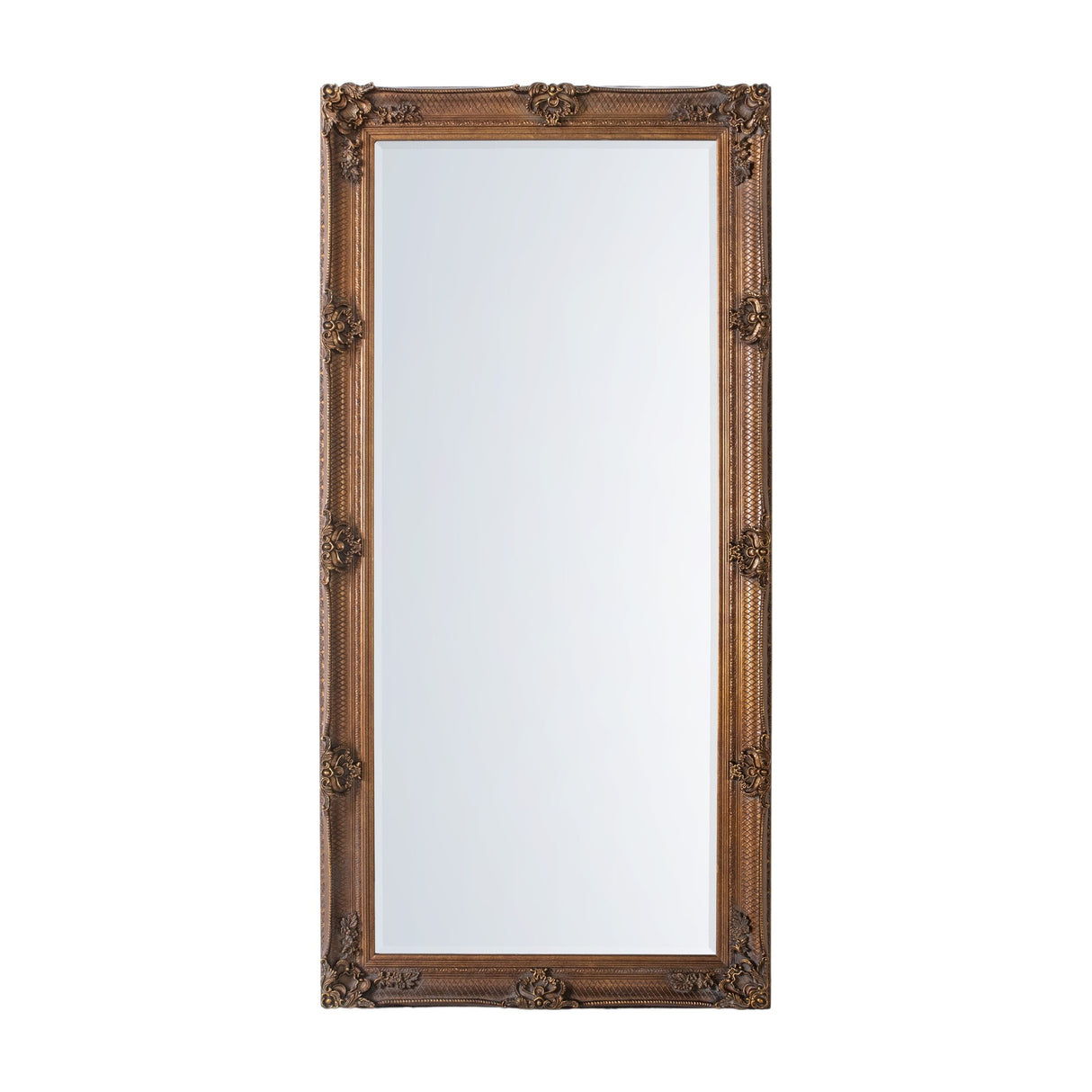 Gallery Direct Velmara Leaner Mirror in gold, a full-length rectangular leaner with an ornate moulded frame featuring scrolled corners and floral motifs.