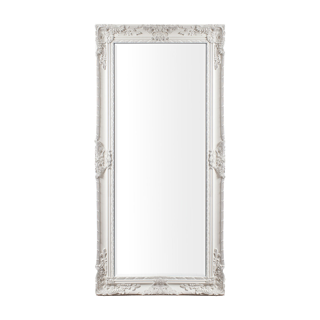 Gallery Direct Ardven Ornate Leaner Mirror in cream with a tall wood and resin frame featuring scrolling leaf and floral detail on a white background.