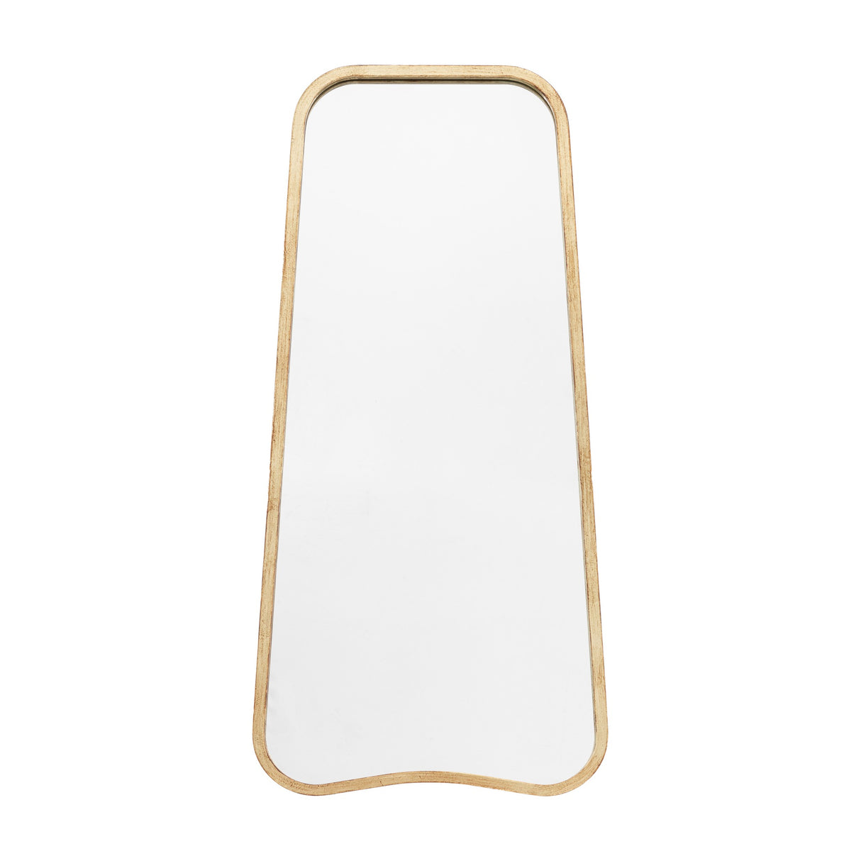 Gallery Direct Savlen Leaner Mirror in gold, a tall tapered floor mirror with slim metal frame, rounded corners and softly waved base on a white background.