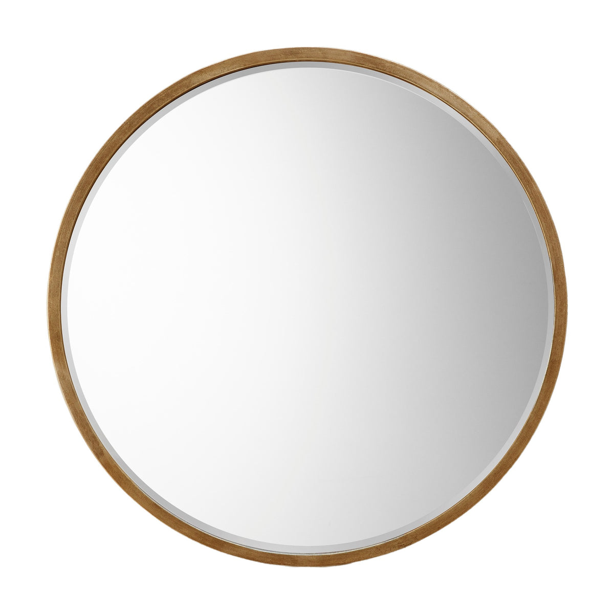 Gallery Direct Amvelle round wall mirror with a slim antique gold metal frame and bevelled glass edge, shown on a plain white background.