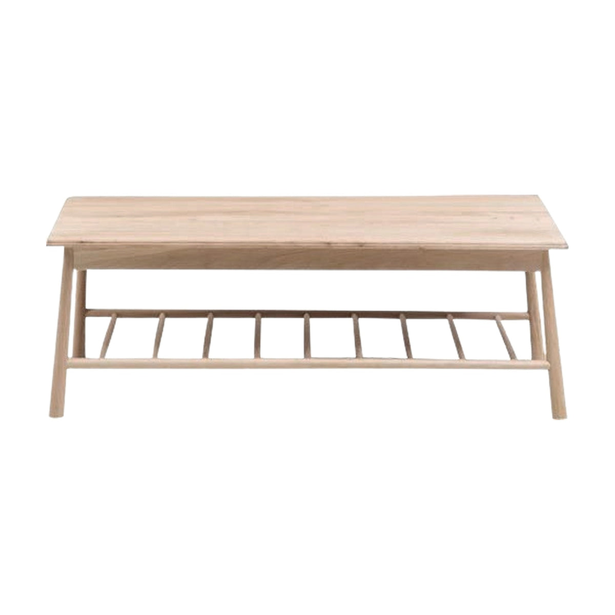 Gallery Direct Wycvorne Rectangular Coffee Table in natural solid oak with tapered round legs and a lower slatted shelf, on a plain white background.