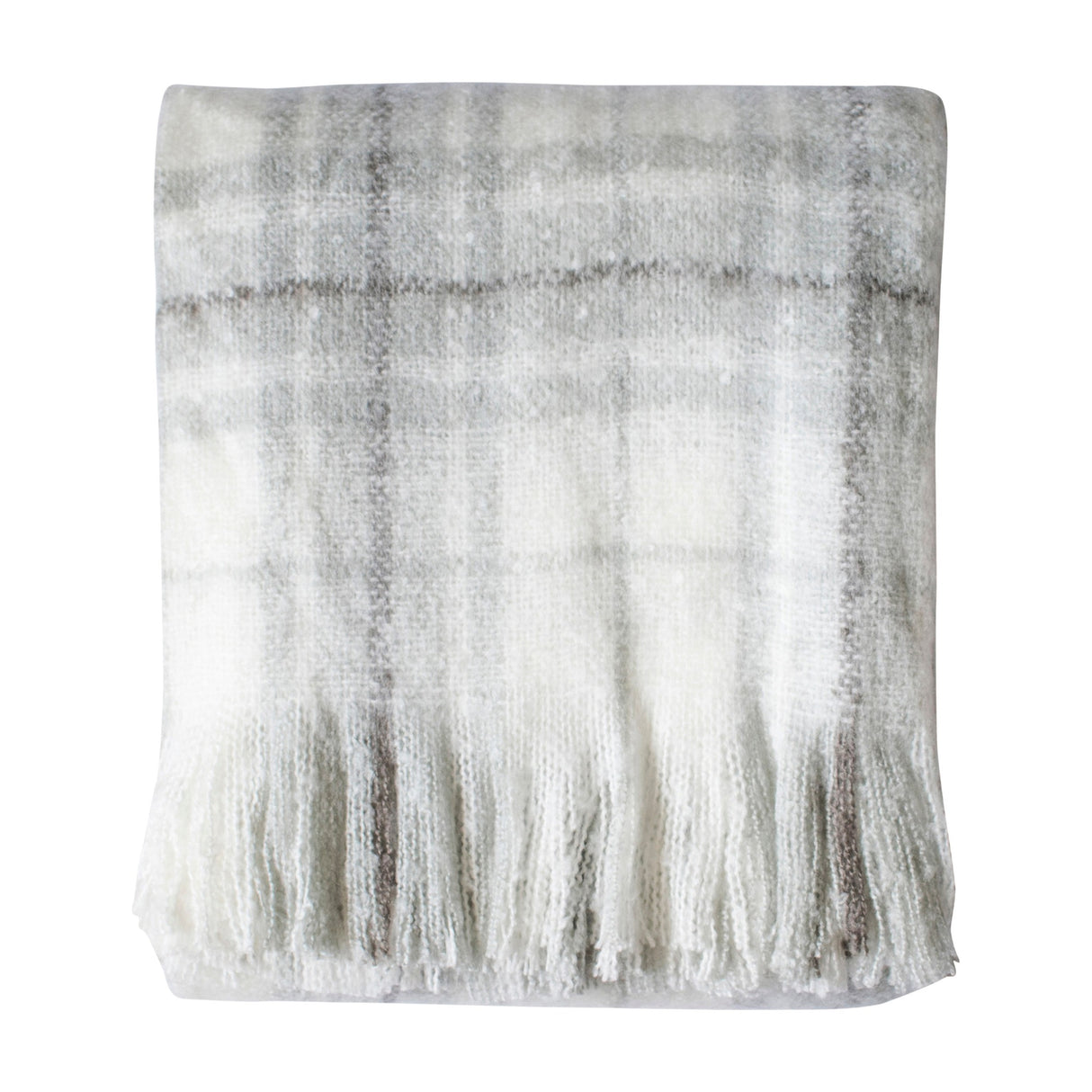Gallery Direct Check Faux Mohair Throw in grey, folded to show the woven check pattern, brushed pile and long knotted fringe on a white background.