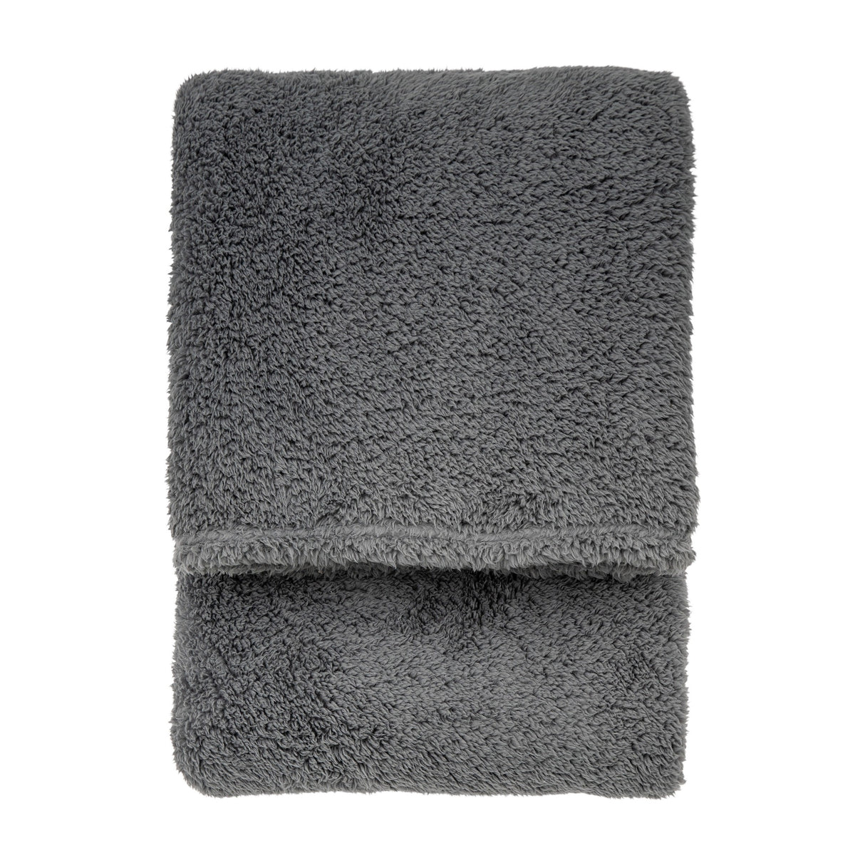 Gallery Direct Teddy Fleece Throw in charcoal grey, folded to show the dense plush pile on both sides, on a plain white background.