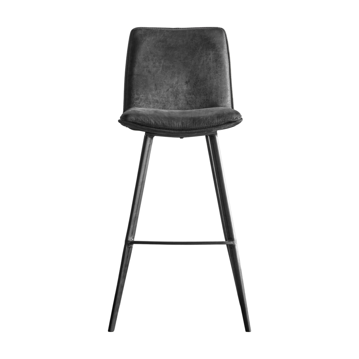 Gallery Direct Palvane bar stool in grey faux leather with curved padded back, splayed dark metal legs and footrest bar, on a white background.