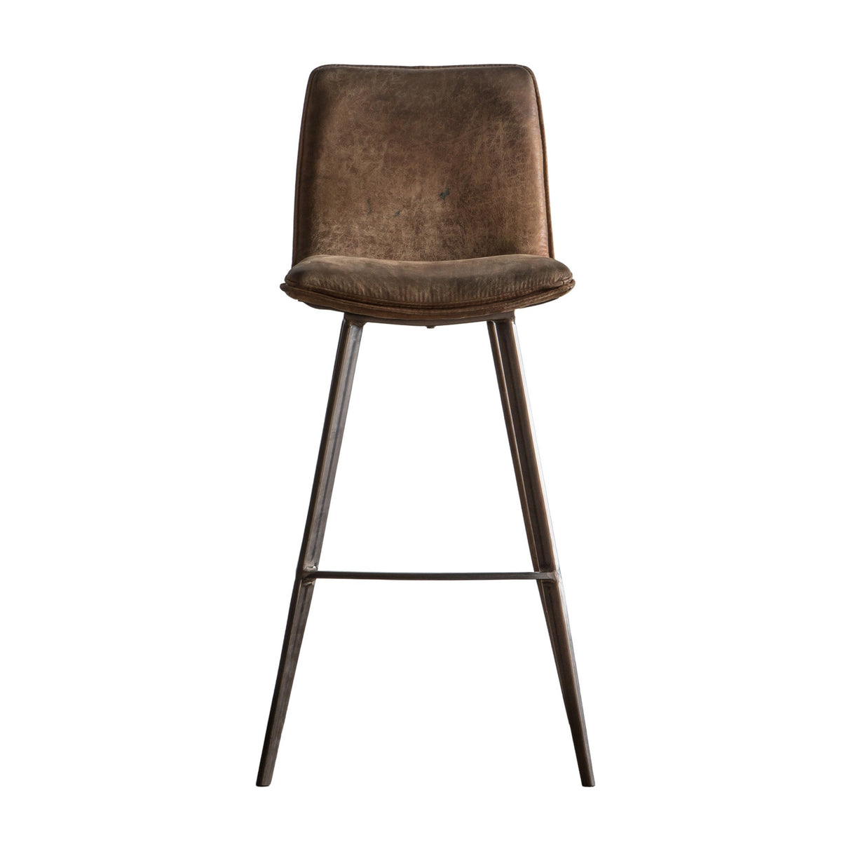 Gallery Direct Palvane Bar Stool in worn brown faux leather with curved back, padded seat, and splayed dark metal legs with footrest, on white.