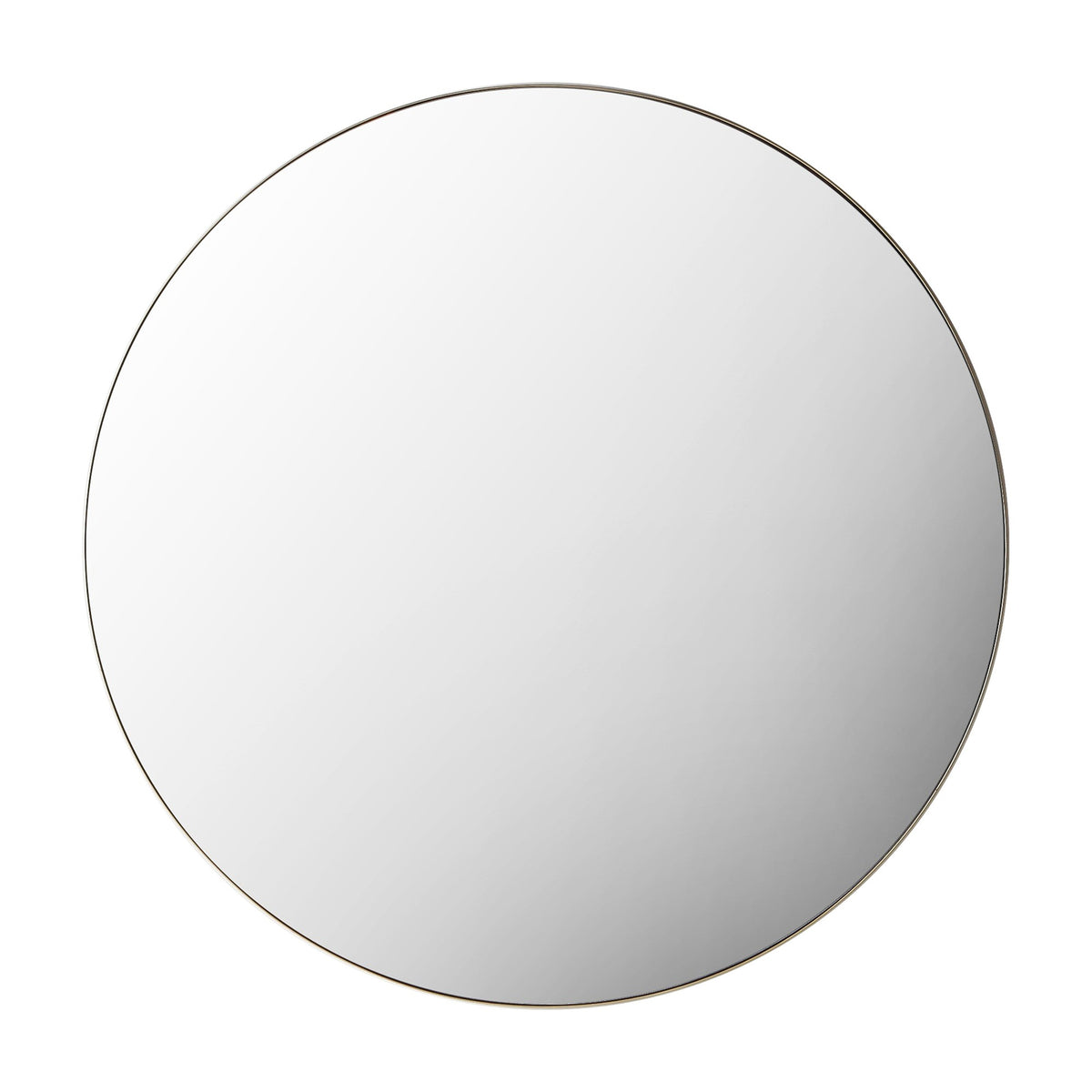 Gallery Direct Vireth large round wall mirror with a slim champagne metal frame and flat glass, shown on a plain white background.