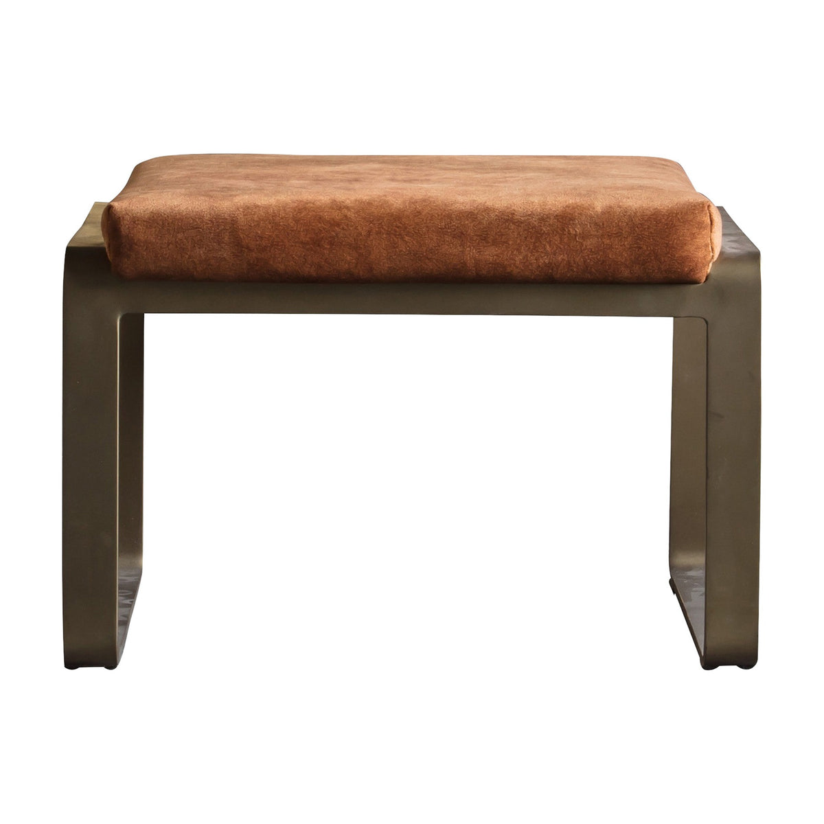 Gallery Direct Fabvane Upholstered Footstool in ochre textured fabric on a slim brass-finished iron waterfall frame, shown on a plain white background.