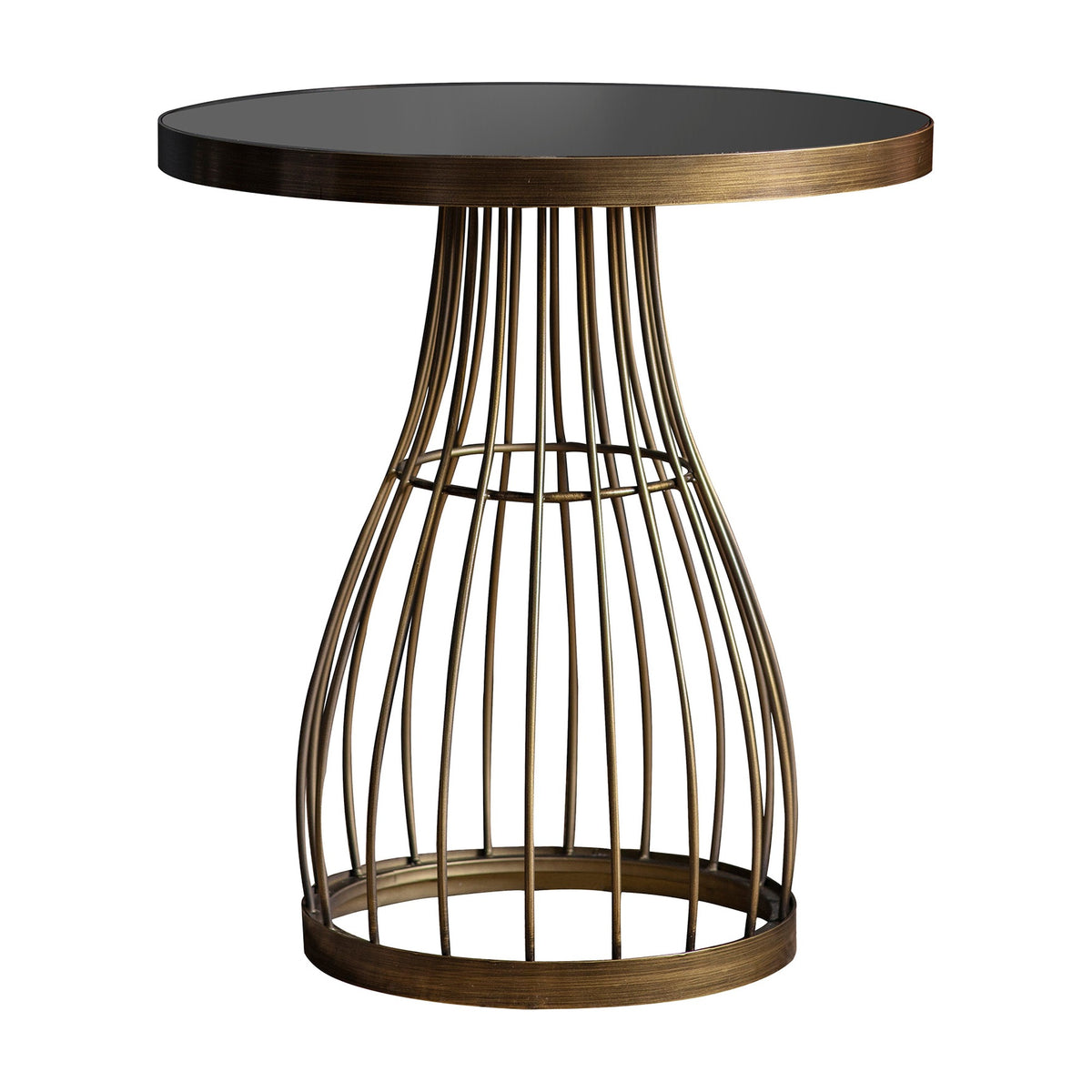 Gallery Direct Southvane Cage Side Table with round black mirrored glass top and curved bronze metal cage base on a white background.