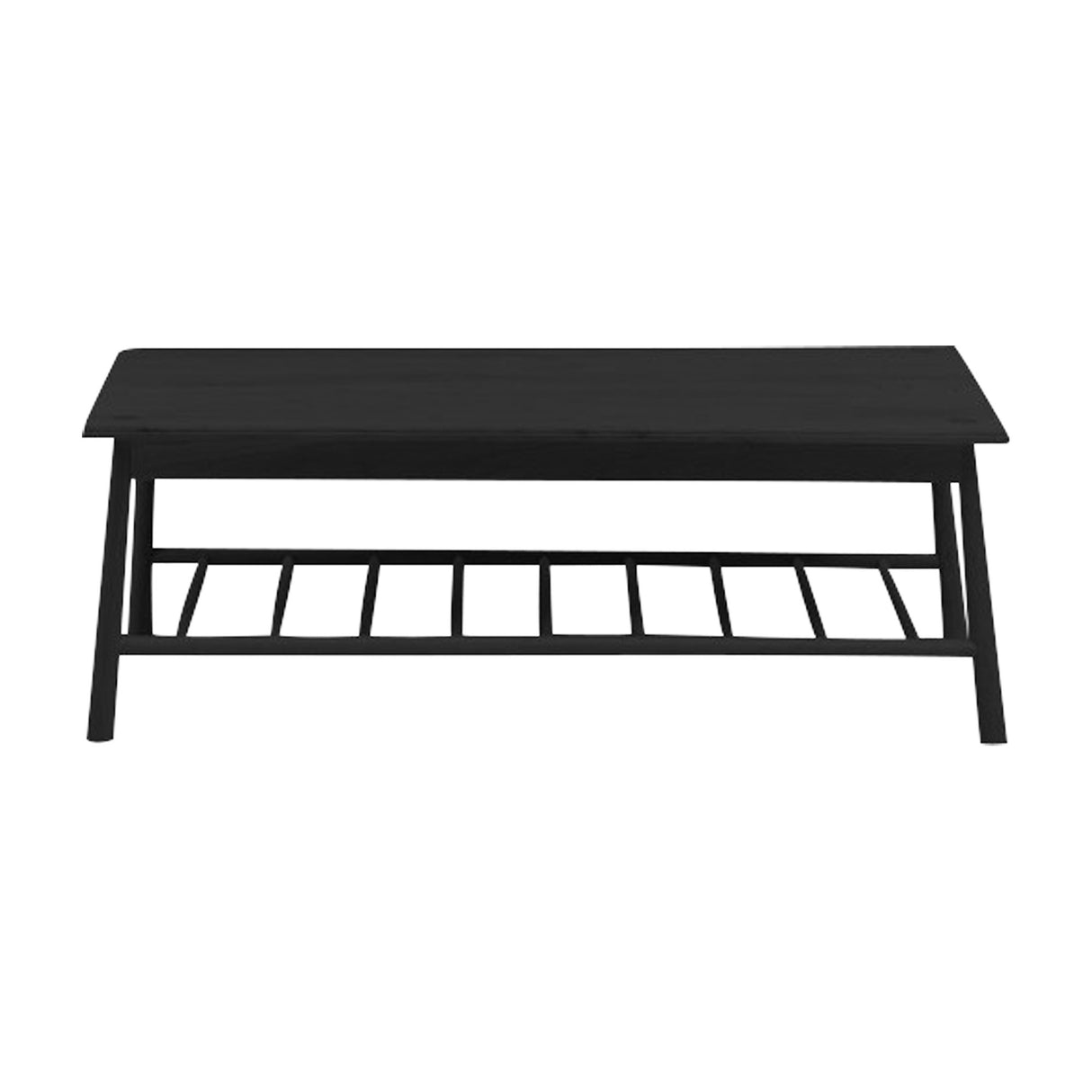 Gallery Direct Wycvorne rectangular coffee table in black solid oak with tapered round legs and a lower slatted shelf, shown on a plain white background.