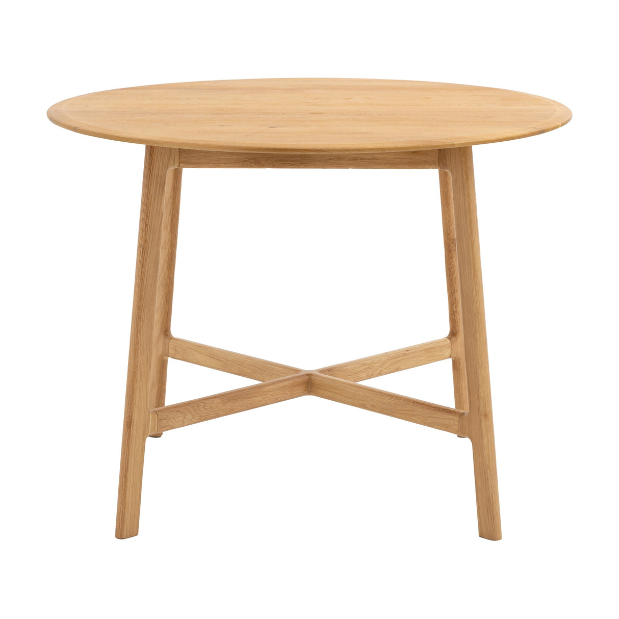 Gallery Direct Madrelle Round Dining Table in natural oak with splayed four-leg base and crossed stretcher, shown on a plain white background.