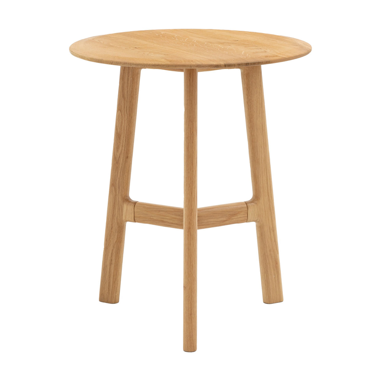 Gallery Direct Madrelle Round Side Table in pale oak with a circular top, three tapered legs and low cross stretcher, on a white background.