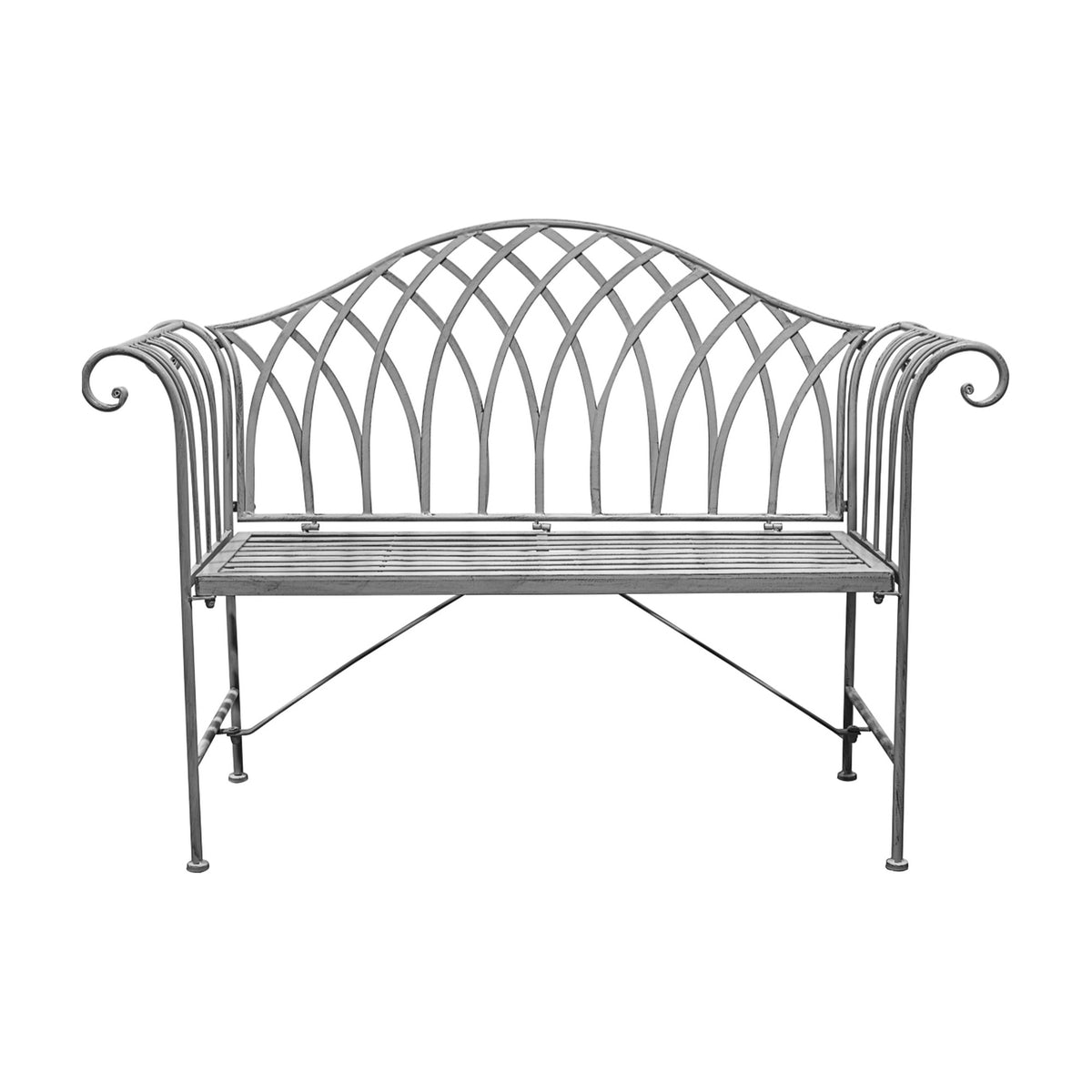 Gallery Direct Duchvane Metal Garden Bench in distressed grey with arched lattice back, scrolled arms and slatted seat on a plain white background.