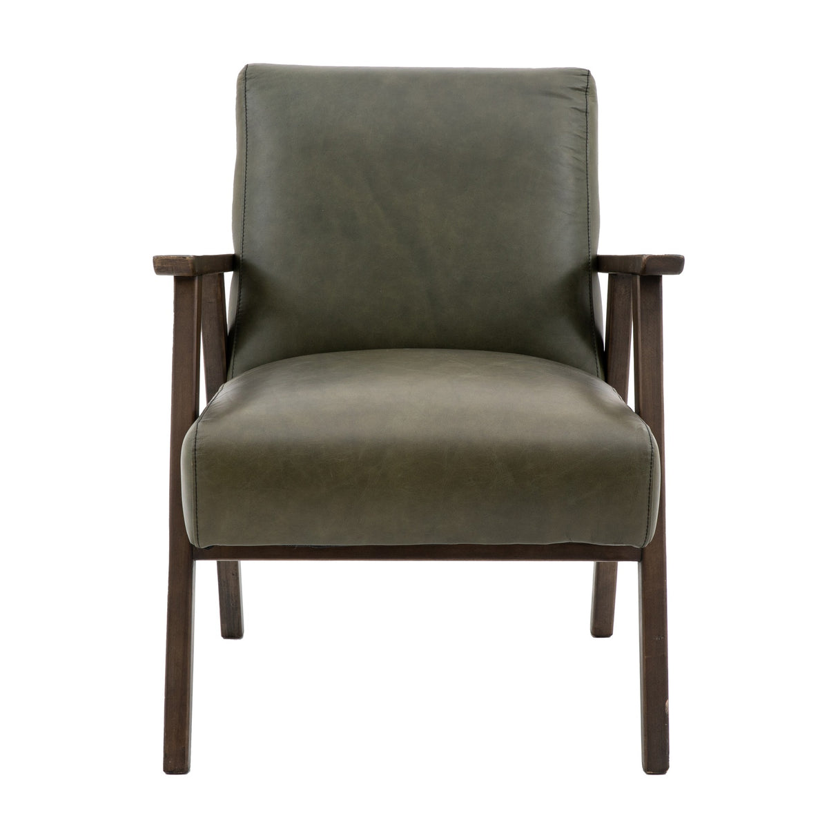 Gallery Direct Neyvane mid-century leather armchair in Heritage Green with cushioned back and seat on a dark solid wood frame with angled arms.