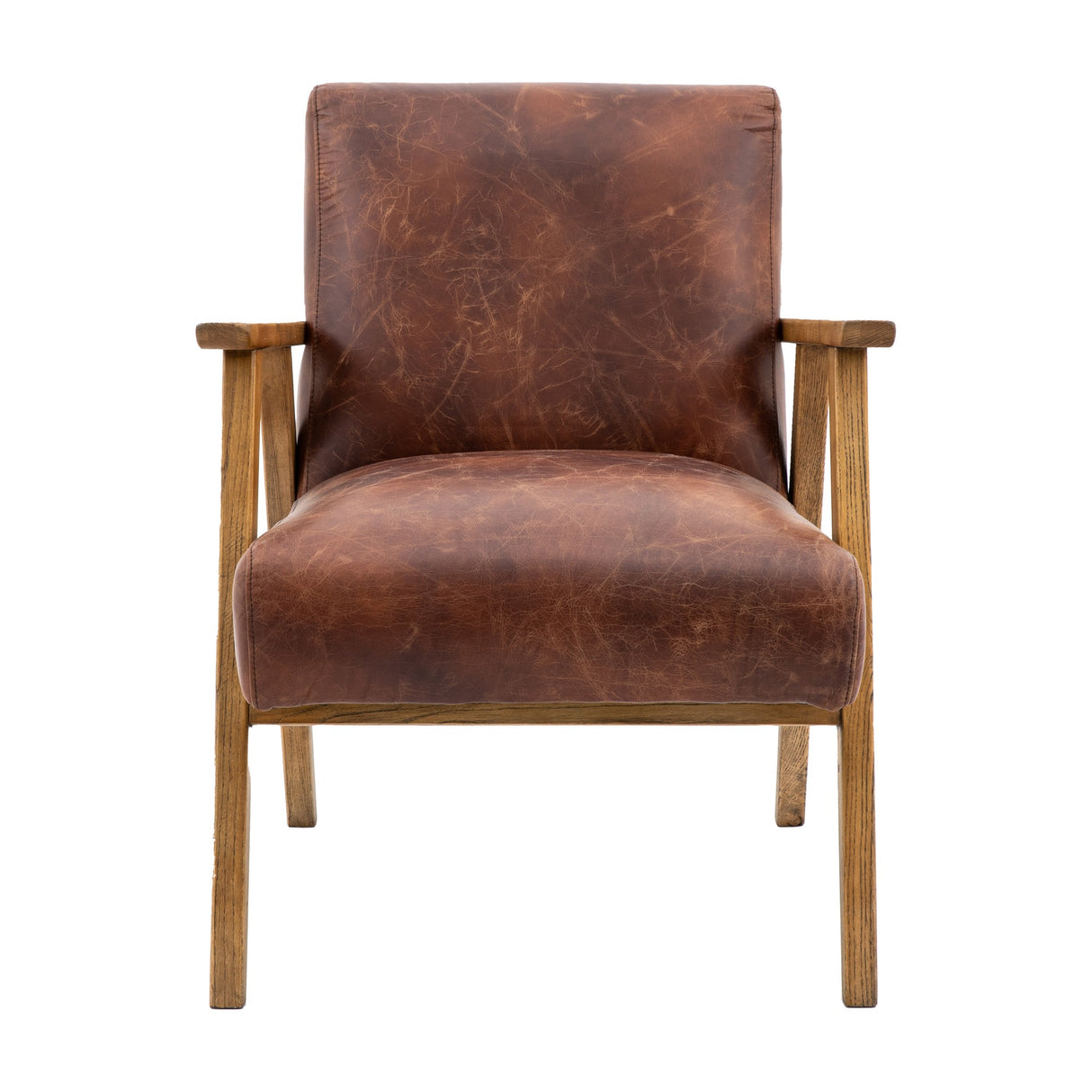 Gallery Direct Neyvane Leather Armchair in Vintage Brown with distressed leather cushioned seat and back on a dark wood frame, front view on white.