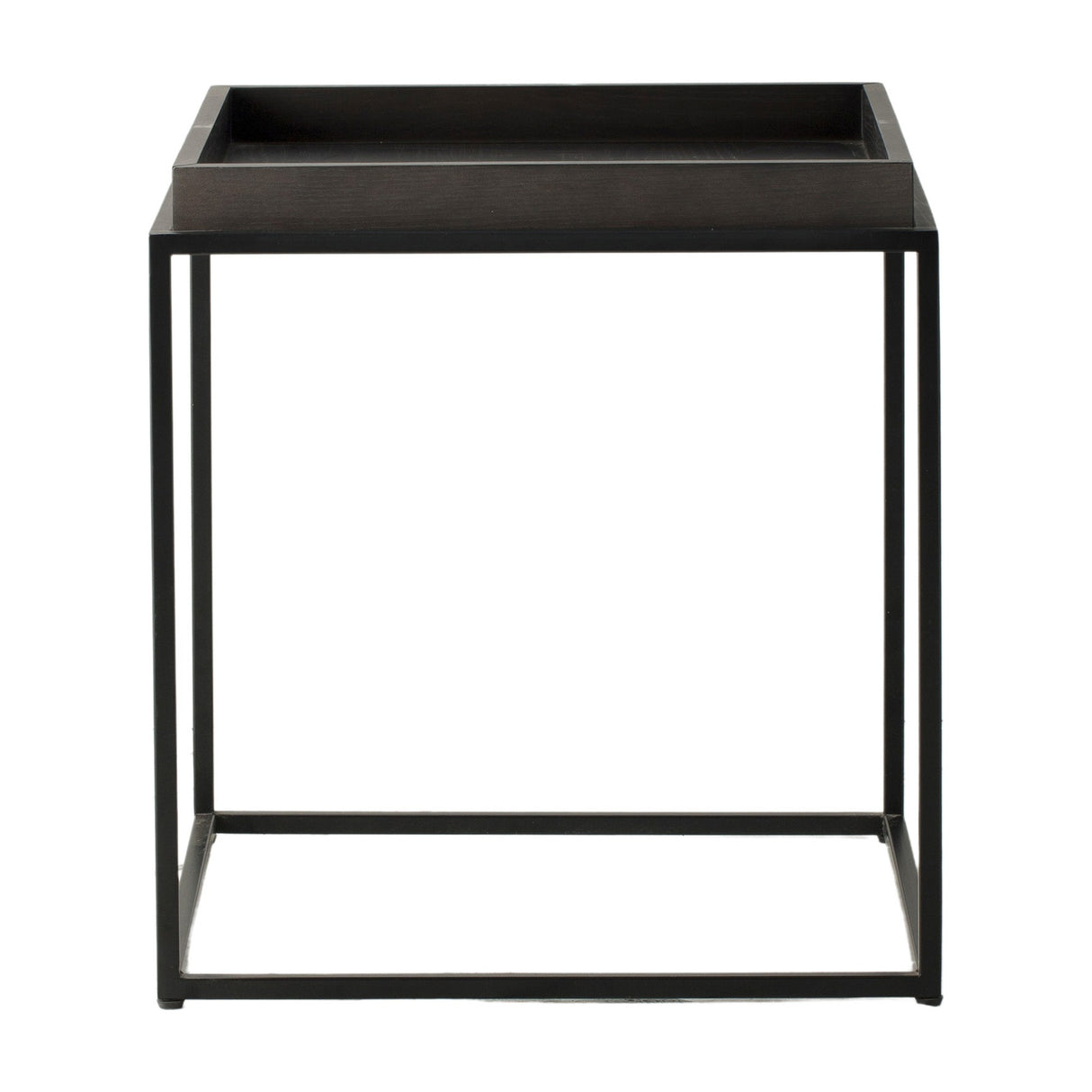 Gallery Direct Forvenne side table in black with a removable lipped MDF tray top on a slim open square metal frame, shown on a white background.