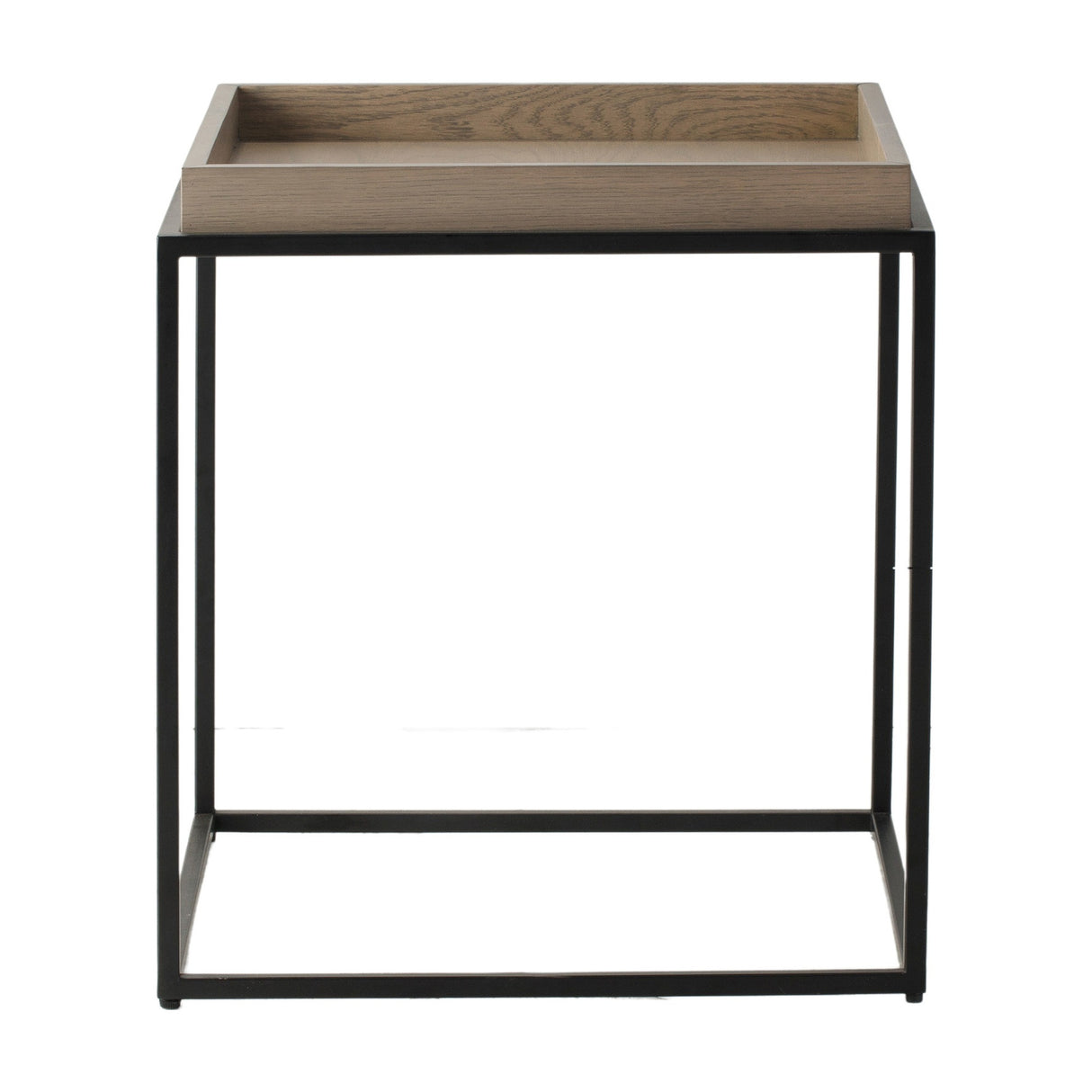 Gallery Direct Forvenne Tray Side Table with a removable grey wood-effect lipped tray top on a slim matt black square metal frame.