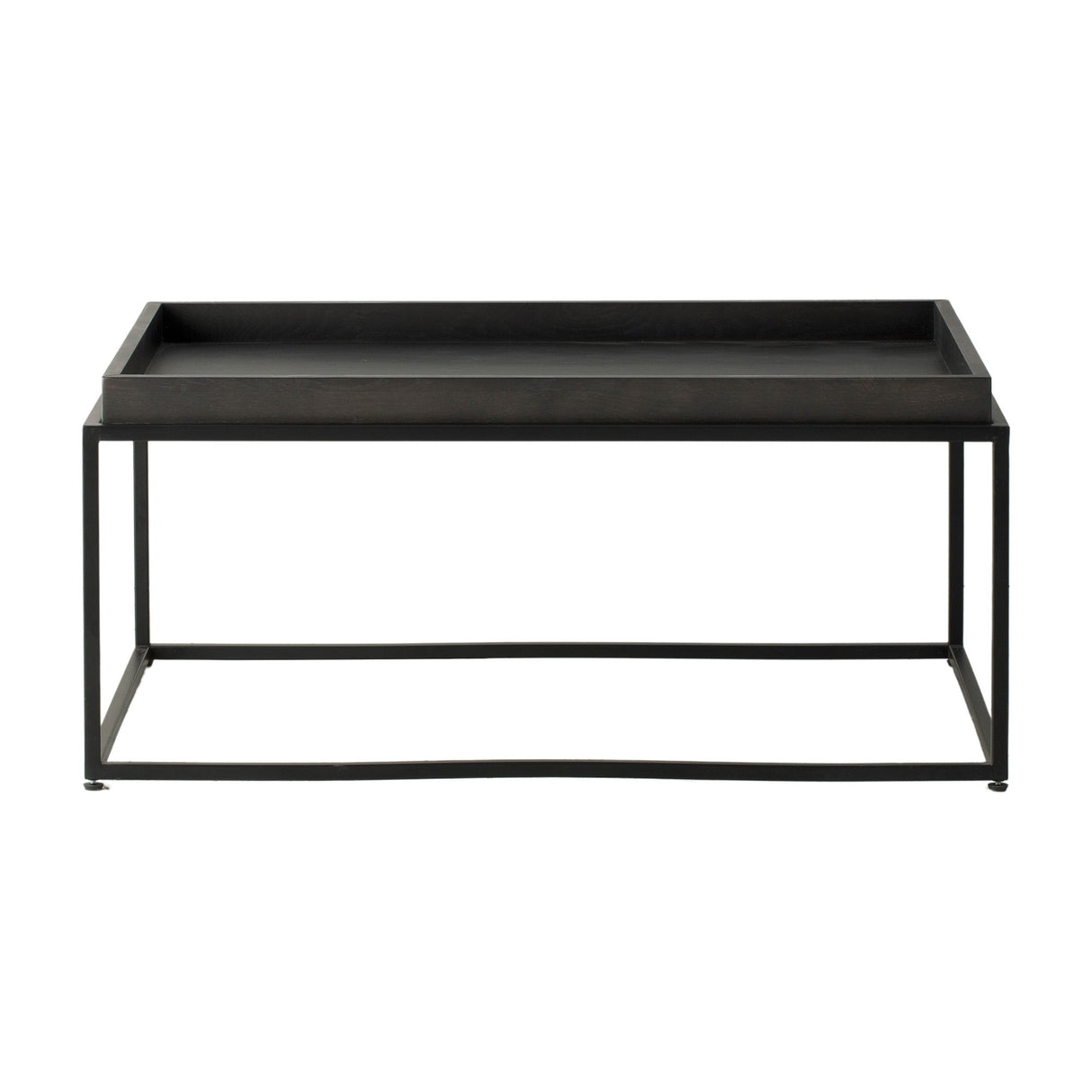 Gallery Direct Forvenne Tray Coffee Table in black, with a matt MDF lipped tray top on a slim powder-coated open box metal frame, on white.