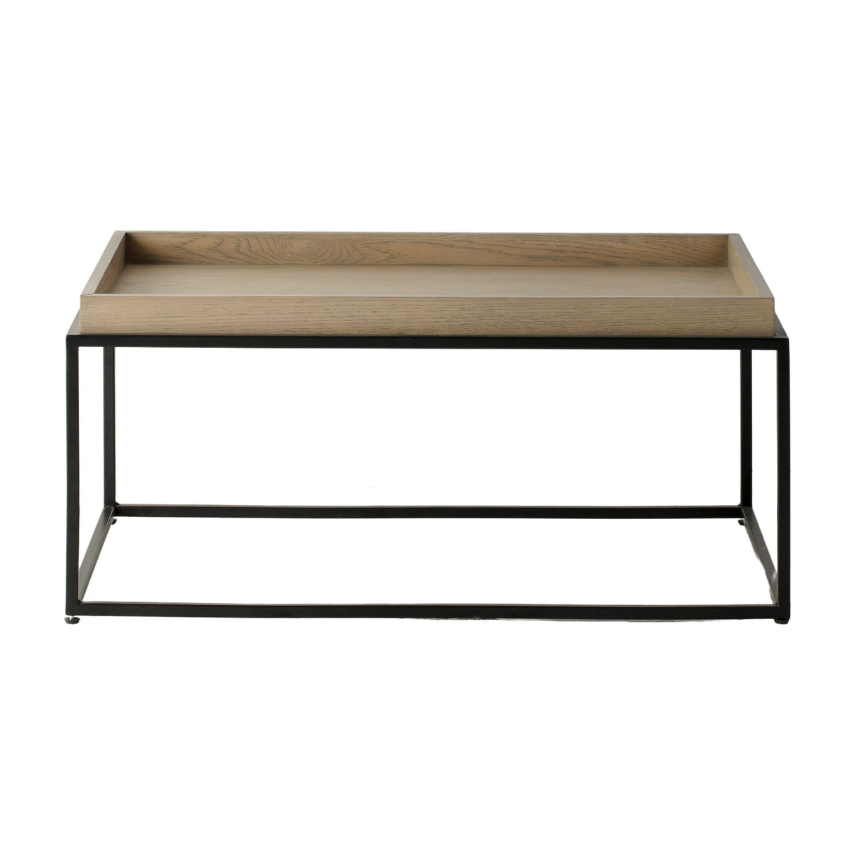 Gallery Direct Forvenne Tray Coffee Table with light wood MDF lipped top on a slim black powder-coated open metal box frame, shown on a white background.